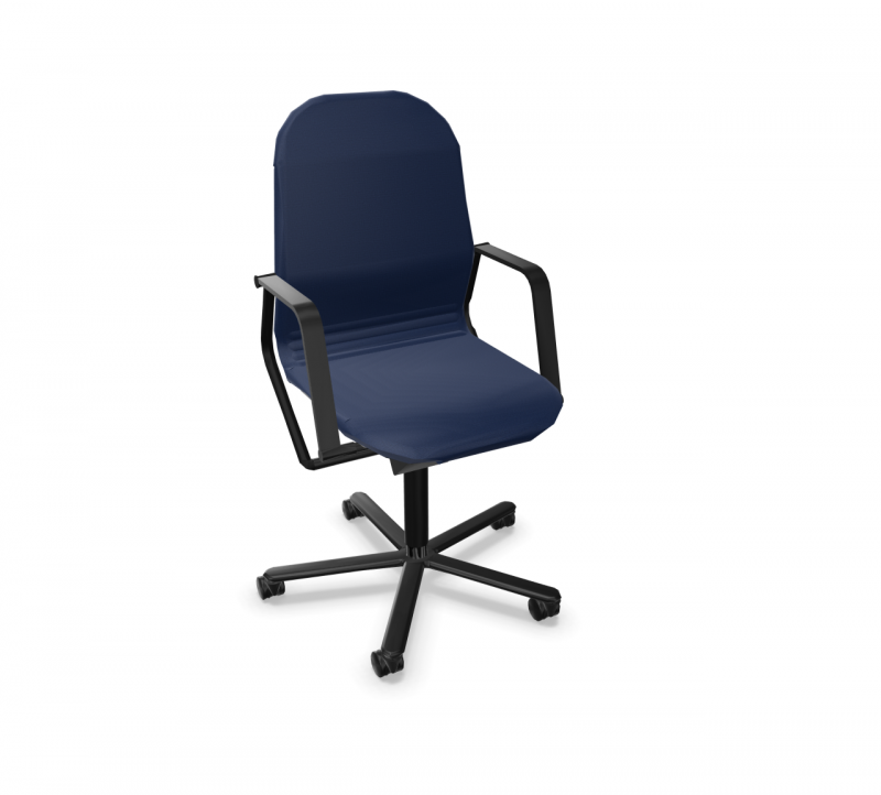 Blauer FS Drehstuhl von Wilkhahn mit hoher Rückenlehne und schwarzen Armlehnen. Bürostuhl für ergonomisches Sitzen.